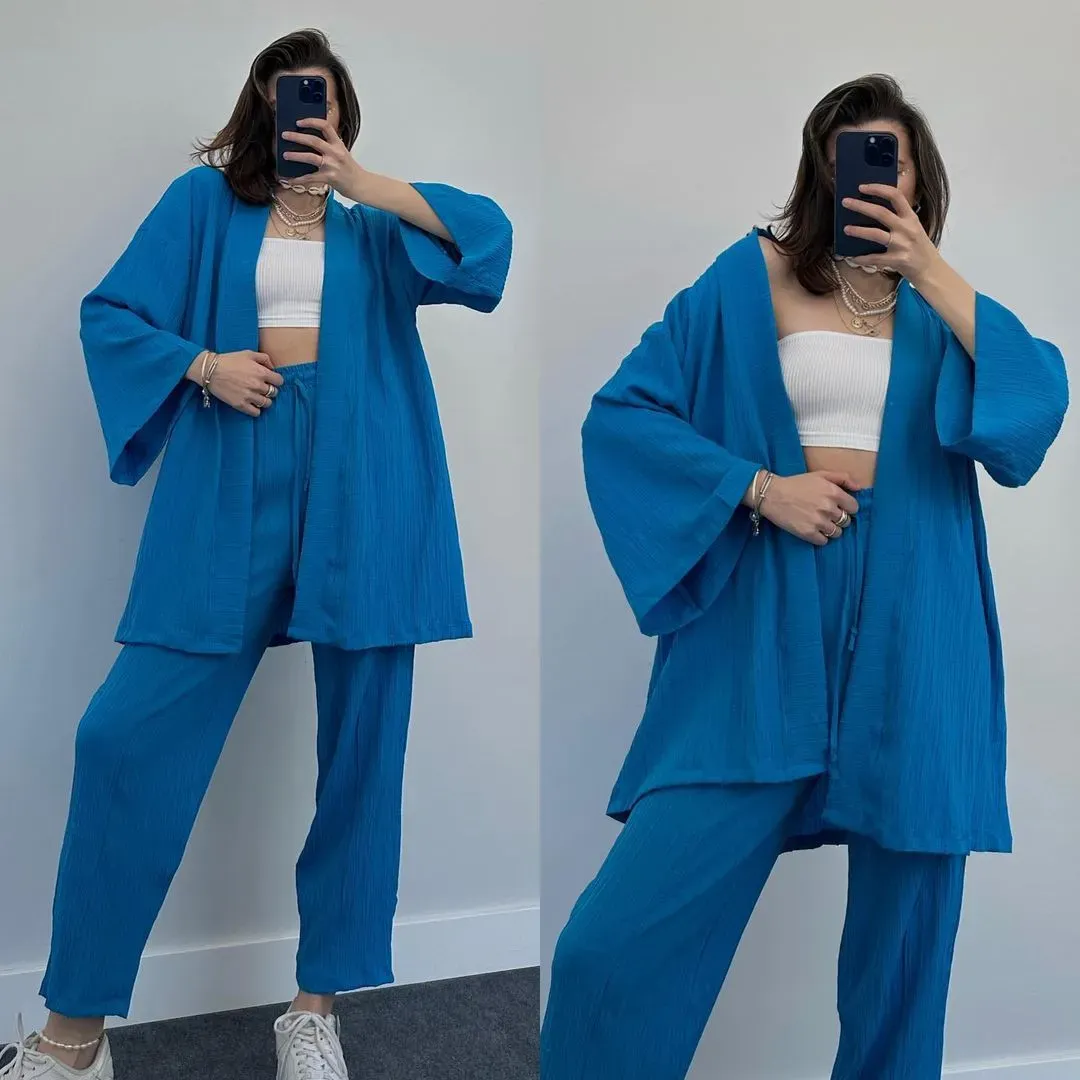 New Comfortable loose seersucker kimono set